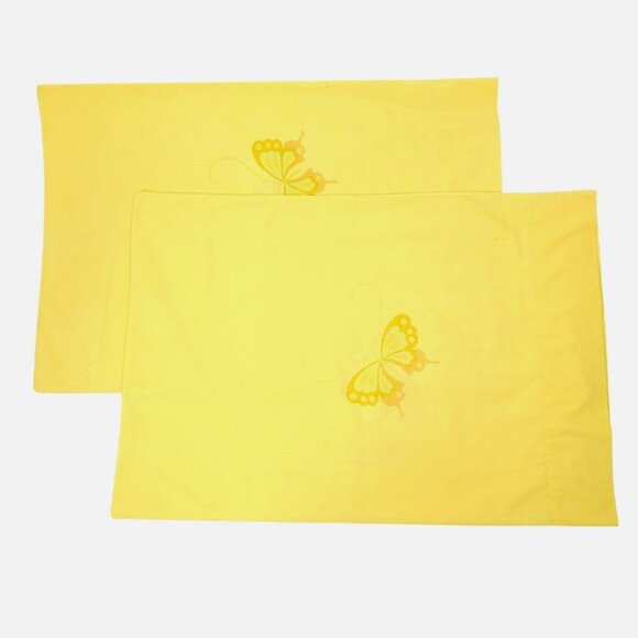 Hanae Mori Butterfly Pillowcases 2 Standard Vintage Yellow MCM Boho Retro Hippie - Picture 1 of 12